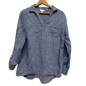 J Jill Love Linen Blue Chambray 100% Linen V Neck Pullover Shirt Size Medium
